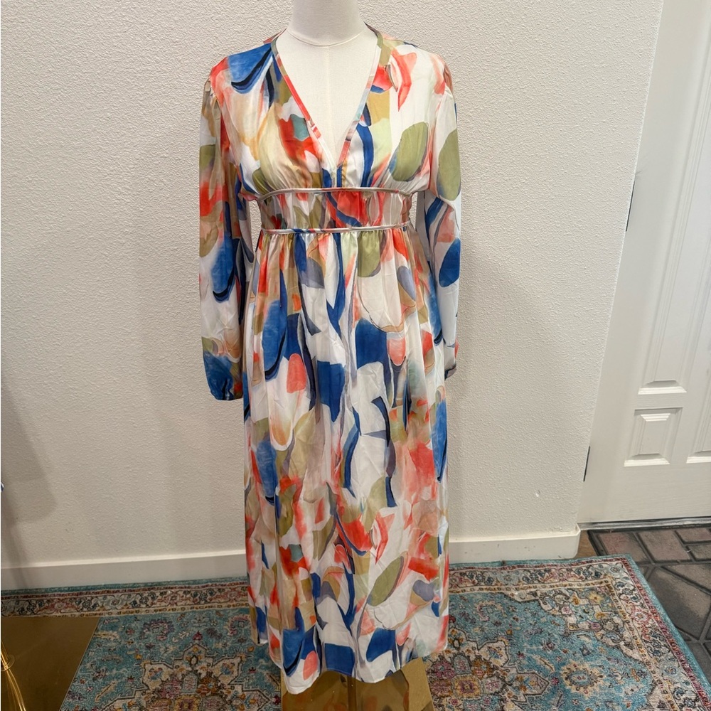 Source Unknown Orange and Blue Long Sleeve Sundress